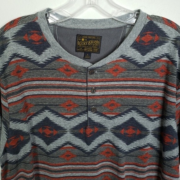 Lucky Brand Mens Aztec Print Short Sleeve 1/4 Button Tee Size Large - Picture 4 of 7